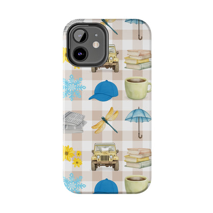 Floral Plaid Tough Phone Case — Coffee, Jeep & Cozy Icons Protective Cover