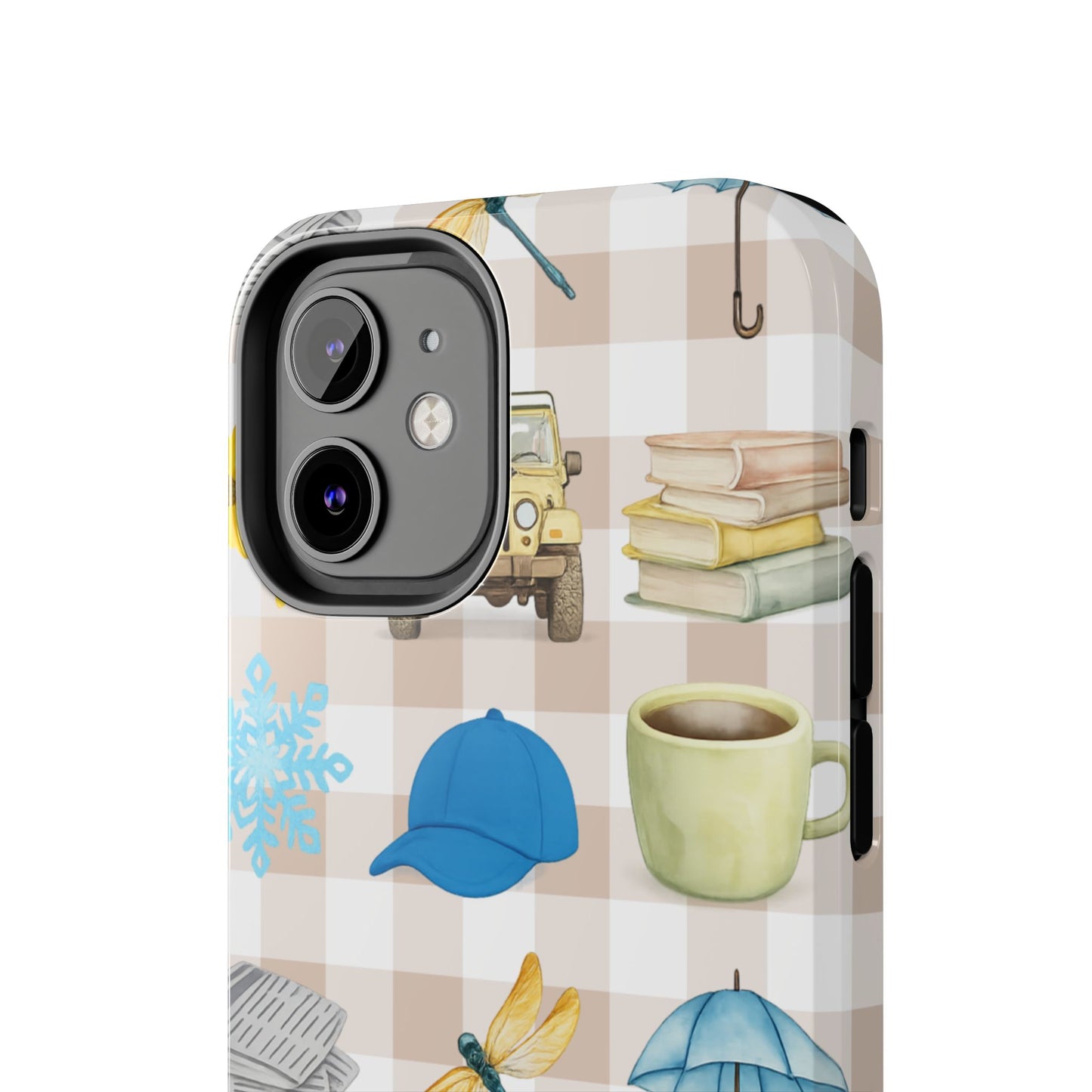 Floral Plaid Tough Phone Case — Coffee, Jeep & Cozy Icons Protective Cover