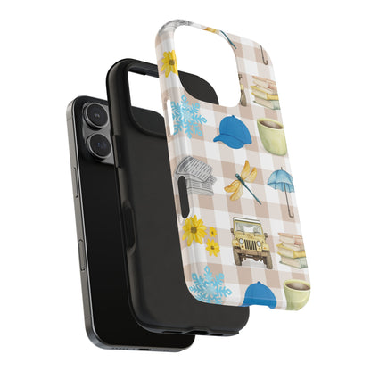 Floral Plaid Tough Phone Case — Coffee, Jeep & Cozy Icons Protective Cover