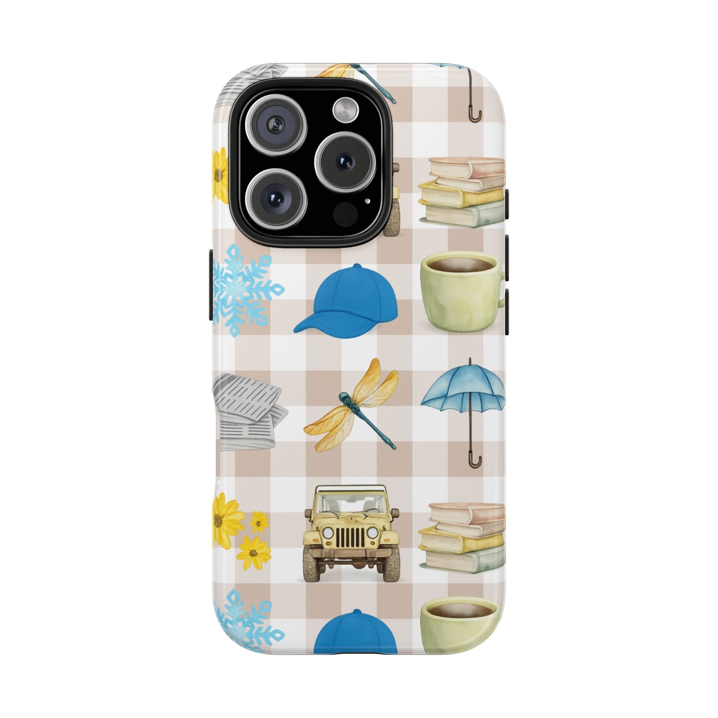 Floral Plaid Tough Phone Case — Coffee, Jeep & Cozy Icons Protective Cover