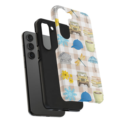 Floral Plaid Tough Phone Case — Coffee, Jeep & Cozy Icons Protective Cover