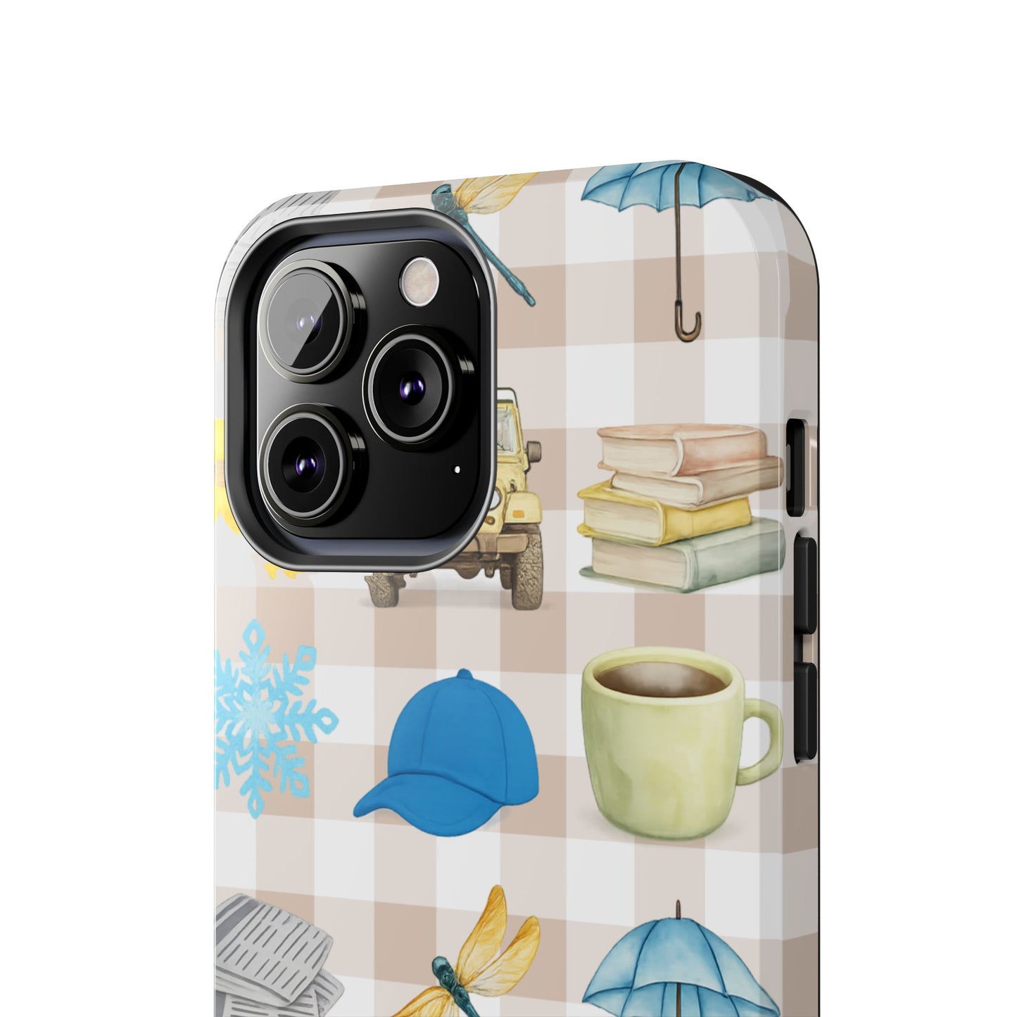 Floral Plaid Tough Phone Case — Coffee, Jeep & Cozy Icons Protective Cover