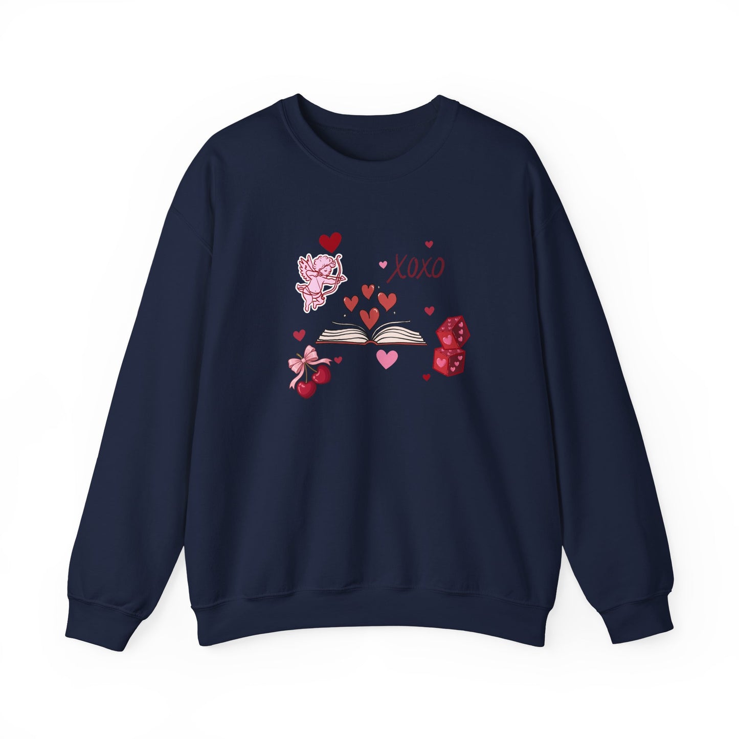 Crewneck Sweatshirt — XOXO Valentine Book & Hearts Graphic