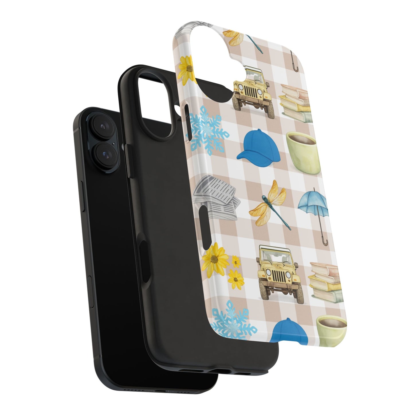Floral Plaid Tough Phone Case — Coffee, Jeep & Cozy Icons Protective Cover