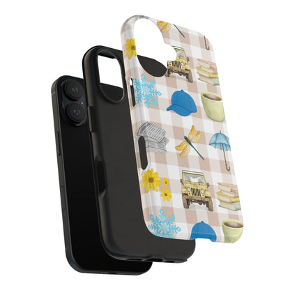 Floral Plaid Tough Phone Case — Coffee, Jeep & Cozy Icons Protective Cover