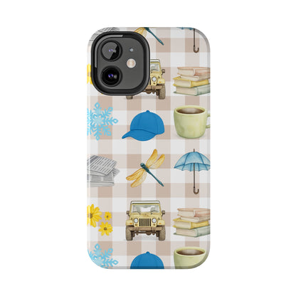 Floral Plaid Tough Phone Case — Coffee, Jeep & Cozy Icons Protective Cover