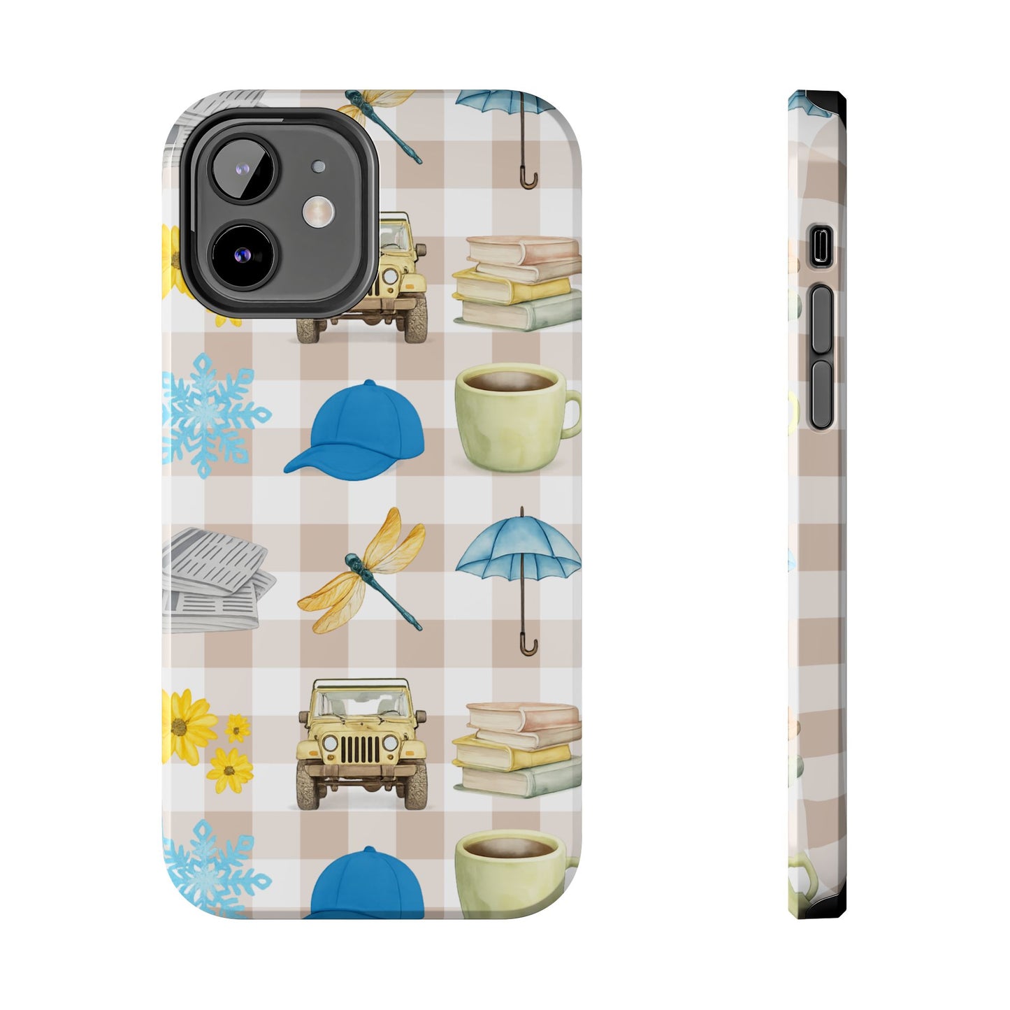 Floral Plaid Tough Phone Case — Coffee, Jeep & Cozy Icons Protective Cover