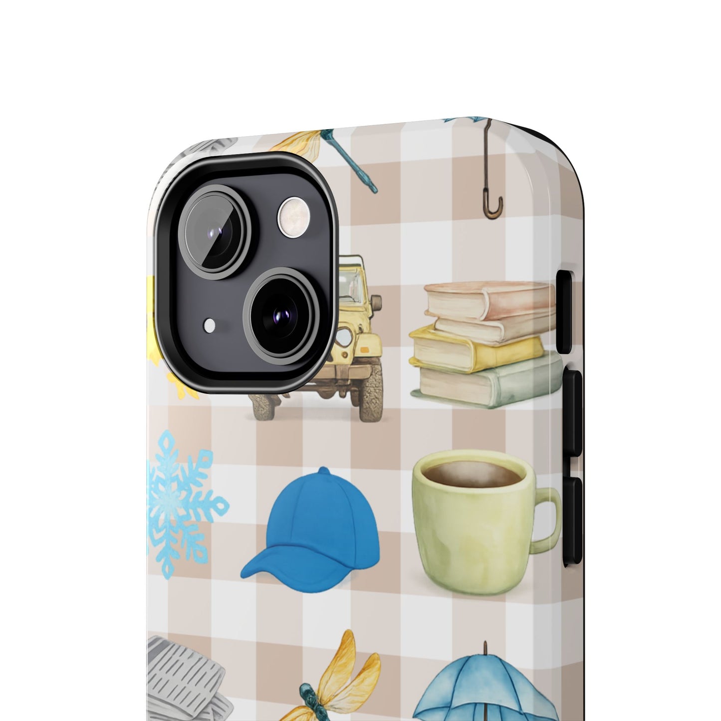 Floral Plaid Tough Phone Case — Coffee, Jeep & Cozy Icons Protective Cover