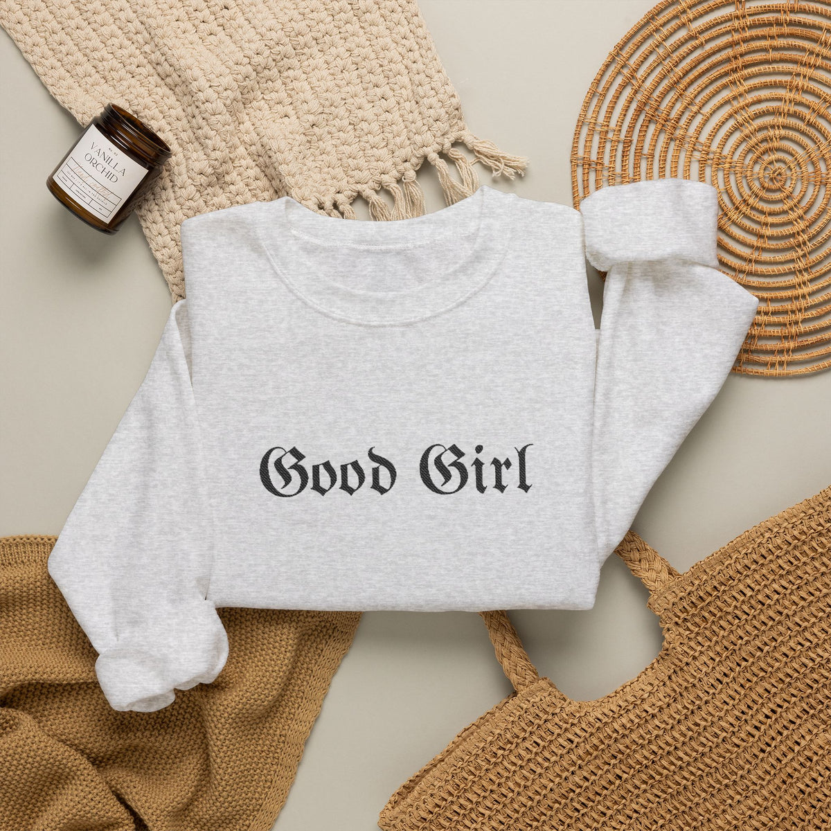 Good Girl Embroidered Crewneck Sweatshirt-Black Font