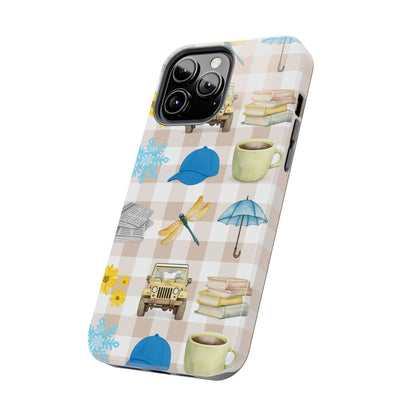 Floral Plaid Tough Phone Case — Coffee, Jeep & Cozy Icons Protective Cover