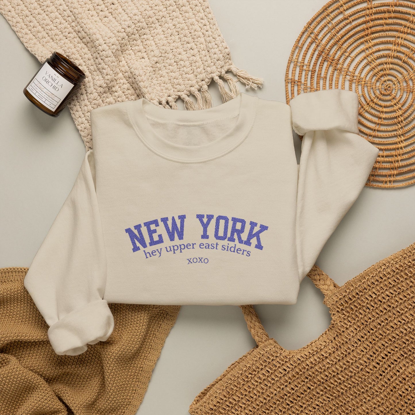 New York Upper East Side Embroidered Crewneck Sweatshirt-Blue Font