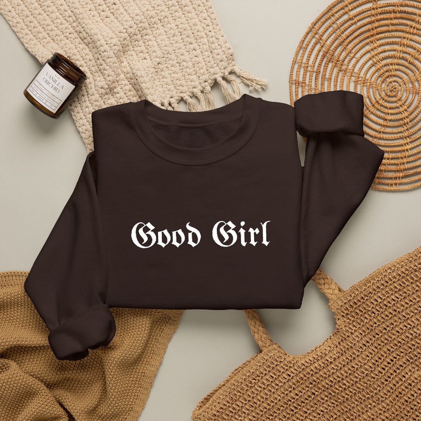 Good Girl Embroidered Crewneck Sweatshirt-White Font