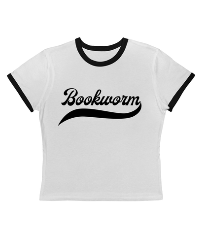 Bookworm Retro Ringer Crop Tee-Black Font