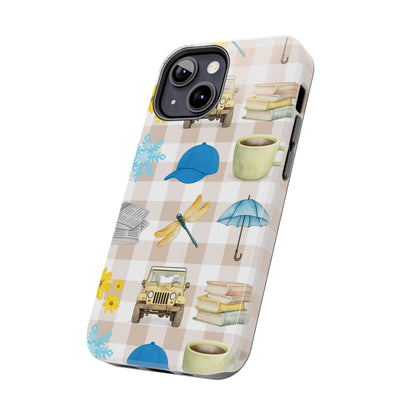 Floral Plaid Tough Phone Case — Coffee, Jeep & Cozy Icons Protective Cover