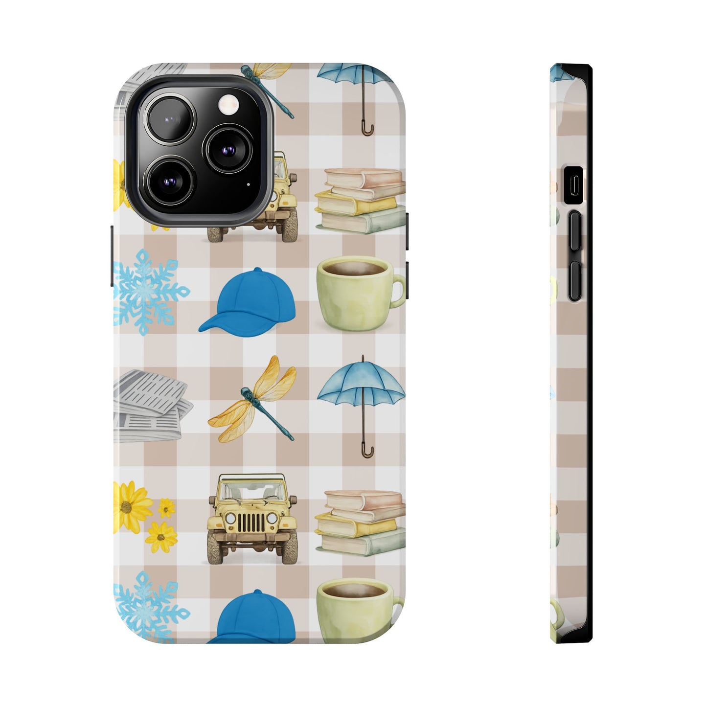 Floral Plaid Tough Phone Case — Coffee, Jeep & Cozy Icons Protective Cover