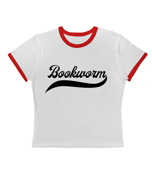 Bookworm Retro Ringer Crop Tee-Black Font