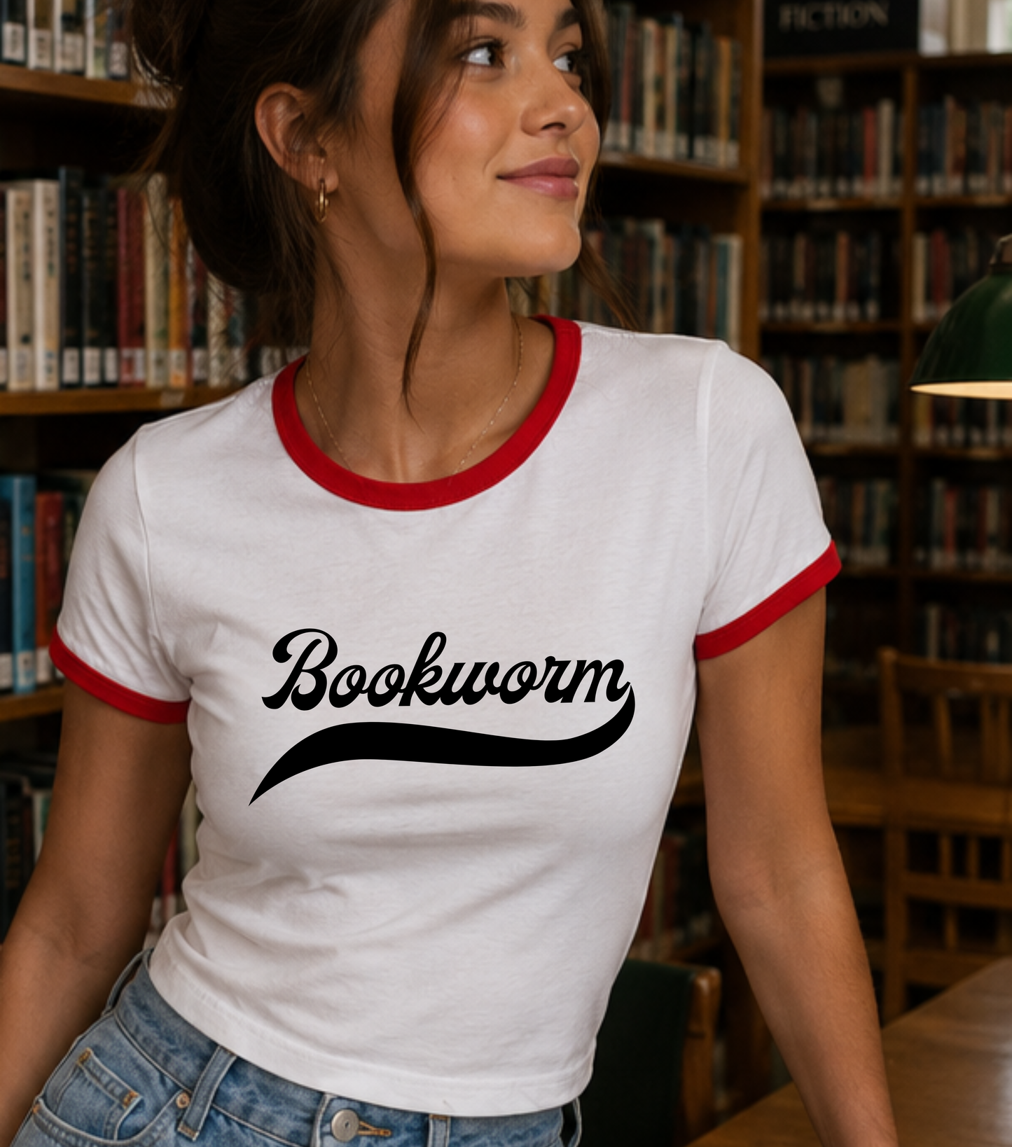 Bookworm Retro Ringer Crop Tee-Black Font