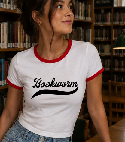 Bookworm Retro Ringer Crop Tee-Black Font