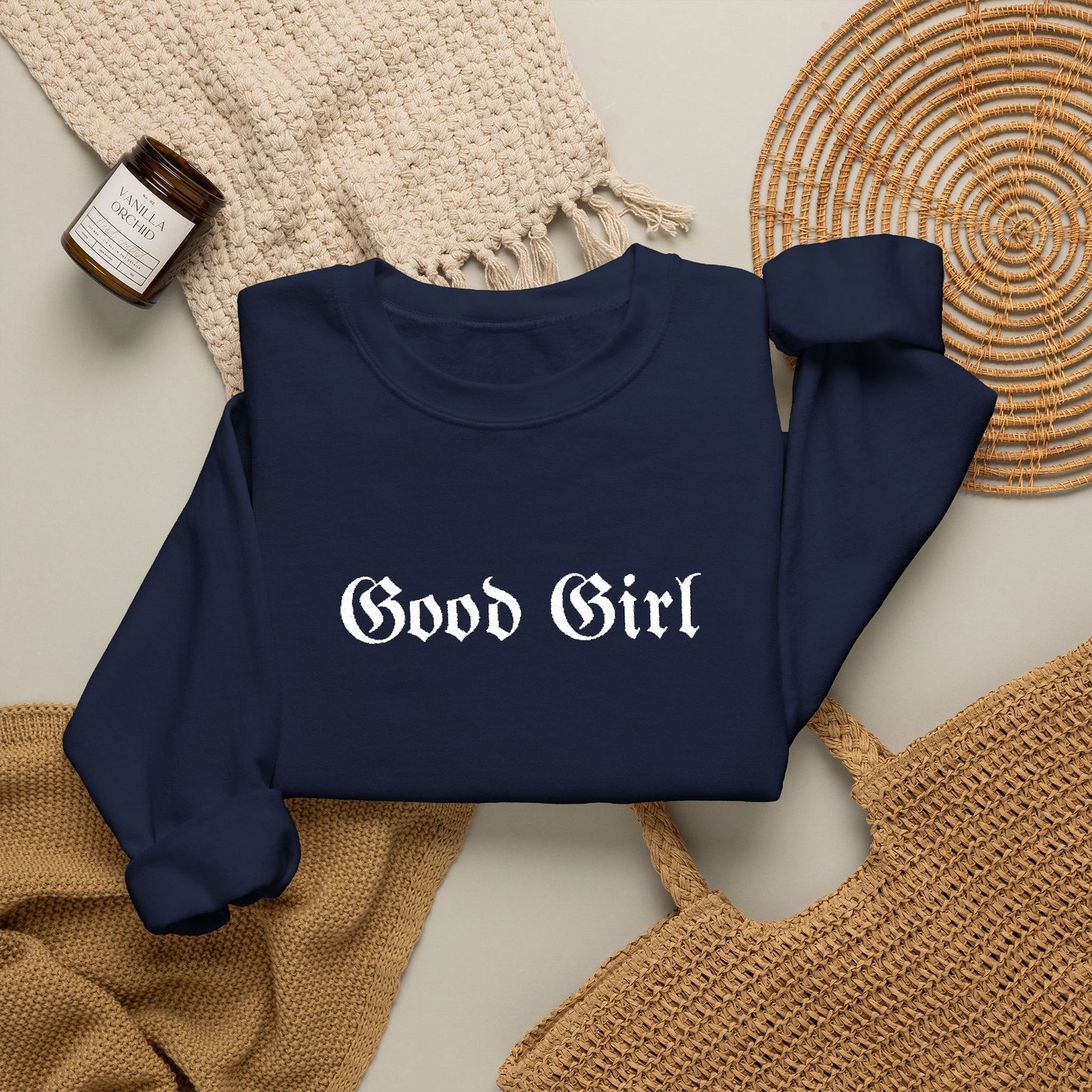 Good Girl Embroidered Crewneck Sweatshirt-White Font