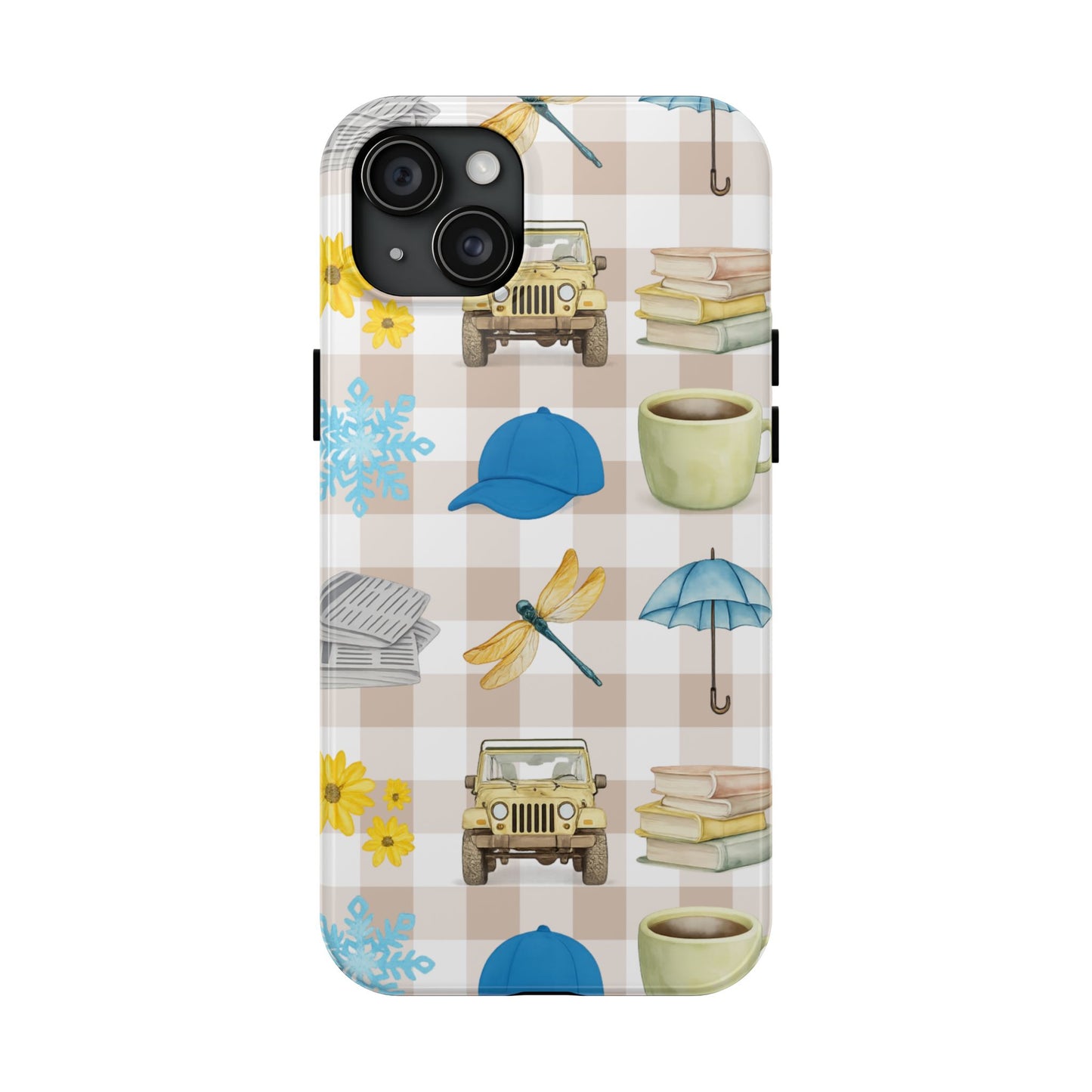 Floral Plaid Tough Phone Case — Coffee, Jeep & Cozy Icons Protective Cover