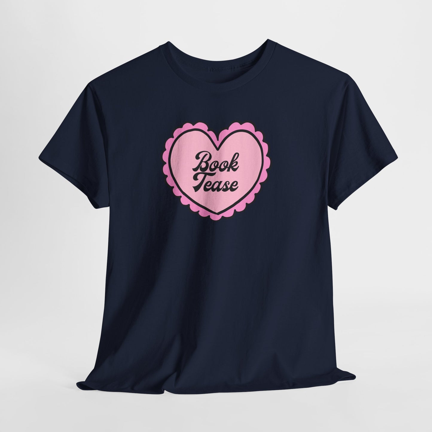 Book Tease Heart T‑Shirt — Pink Vintage Candy Heart Reader Tee