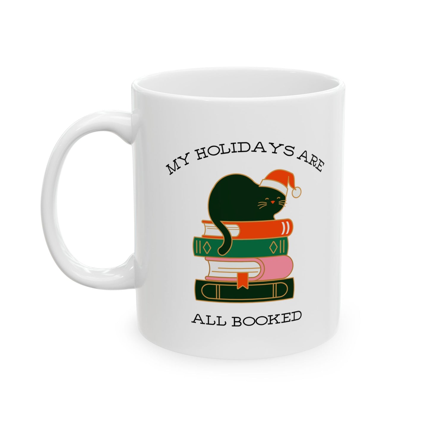 Holiday Bookstack Cat Mug-Cute Literary Coffee Mug