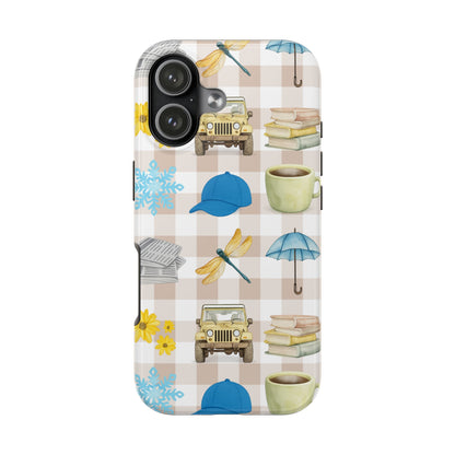 Floral Plaid Tough Phone Case — Coffee, Jeep & Cozy Icons Protective Cover