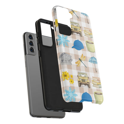 Floral Plaid Tough Phone Case — Coffee, Jeep & Cozy Icons Protective Cover