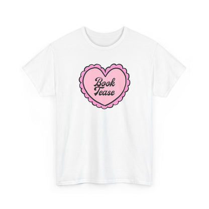 Book Tease Heart T‑Shirt — Pink Vintage Candy Heart Reader Tee