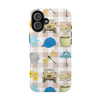 Floral Plaid Tough Phone Case — Coffee, Jeep & Cozy Icons Protective Cover