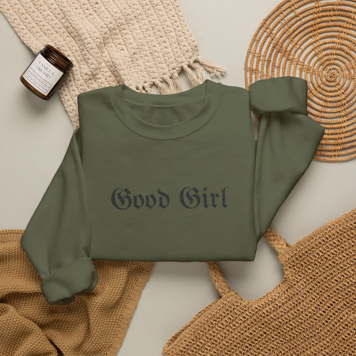 Good Girl Embroidered Crewneck Sweatshirt-Black Font