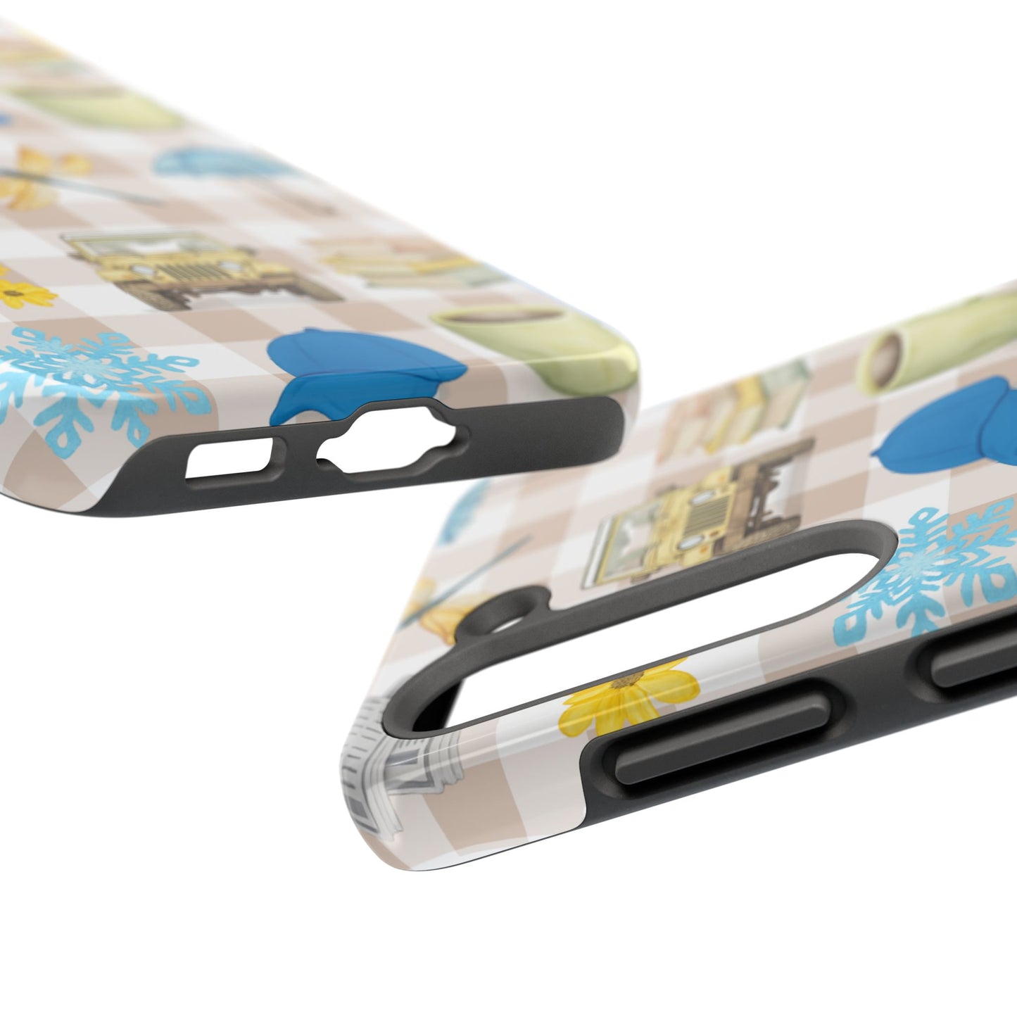 Floral Plaid Tough Phone Case — Coffee, Jeep & Cozy Icons Protective Cover