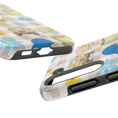 Floral Plaid Tough Phone Case — Coffee, Jeep & Cozy Icons Protective Cover