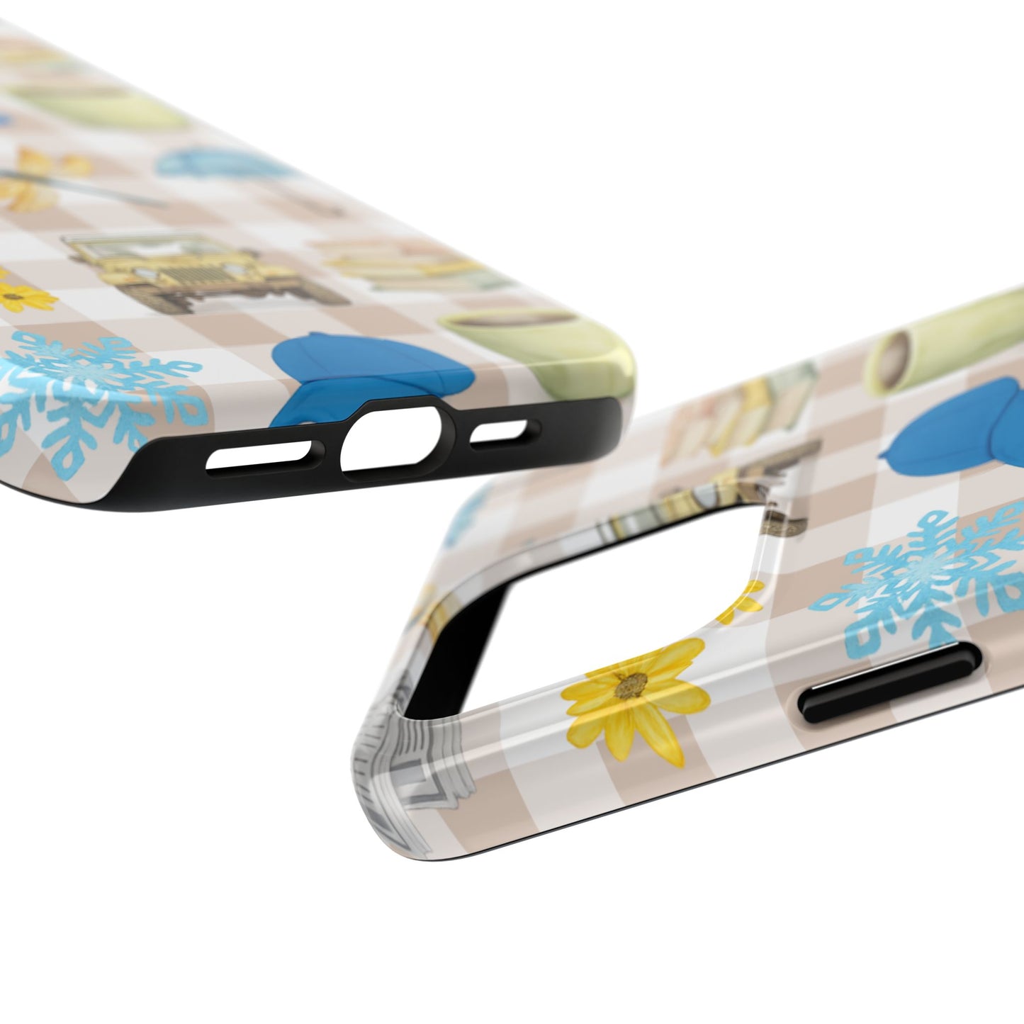 Floral Plaid Tough Phone Case — Coffee, Jeep & Cozy Icons Protective Cover