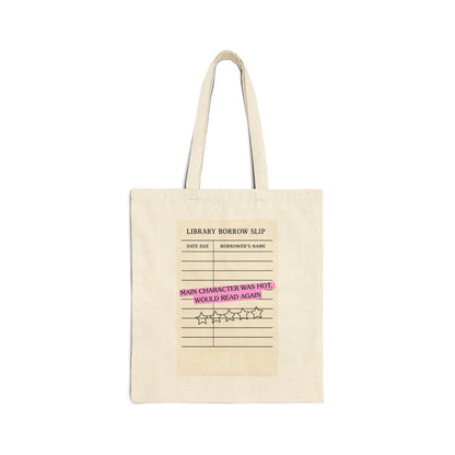 Library Borrow Slip Tote Bag — "Main Character Was Hot" Vintage Booklover Canvas Tote