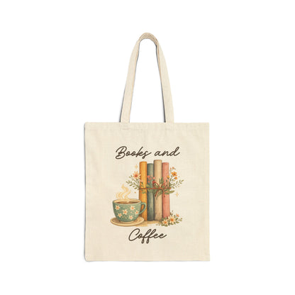 Books and Coffee Canvas Tote Bag — Cozy Floral Booklover Market Bag