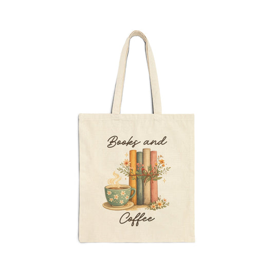 Books and Coffee Canvas Tote Bag — Cozy Floral Booklover Market Bag