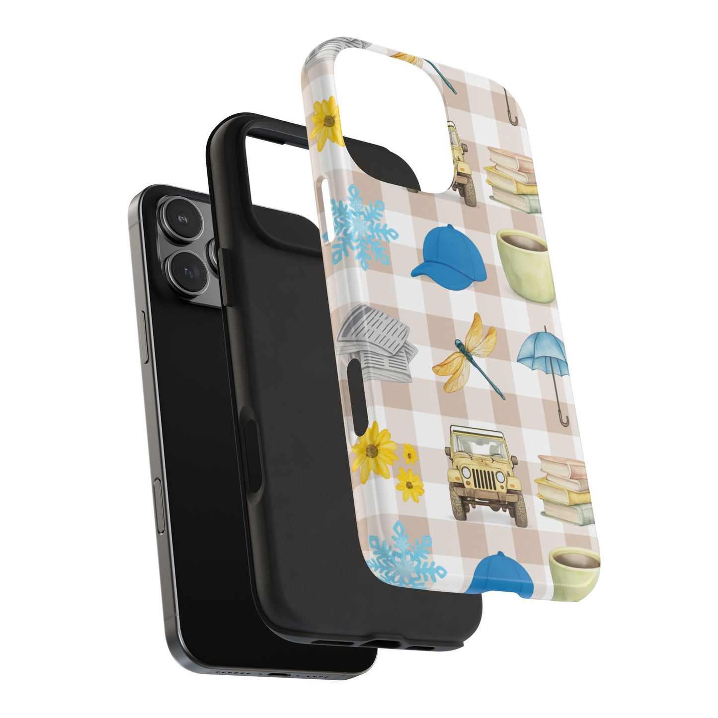 Floral Plaid Tough Phone Case — Coffee, Jeep & Cozy Icons Protective Cover