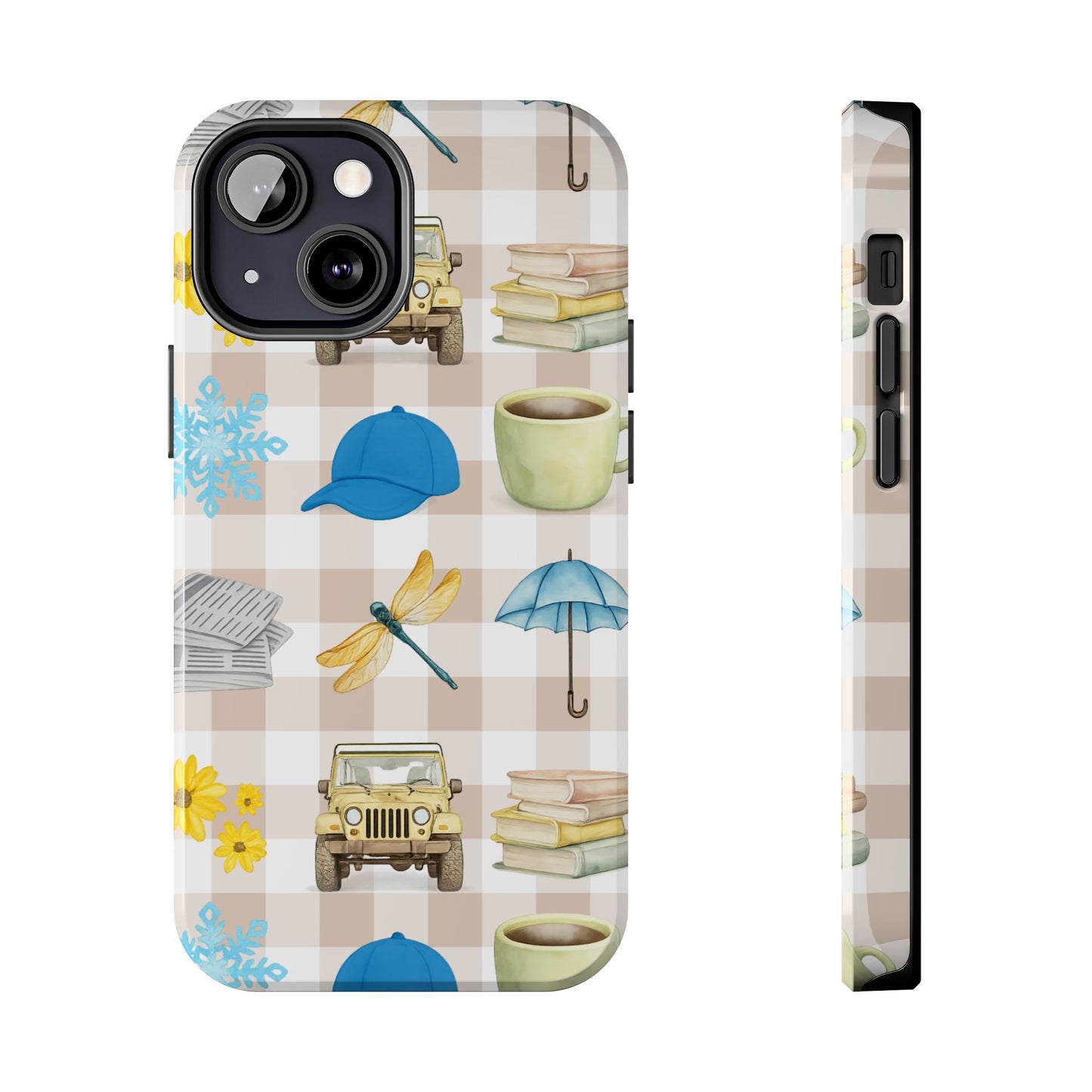 Floral Plaid Tough Phone Case — Coffee, Jeep & Cozy Icons Protective Cover
