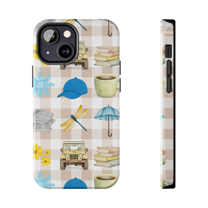 Floral Plaid Tough Phone Case — Coffee, Jeep & Cozy Icons Protective Cover