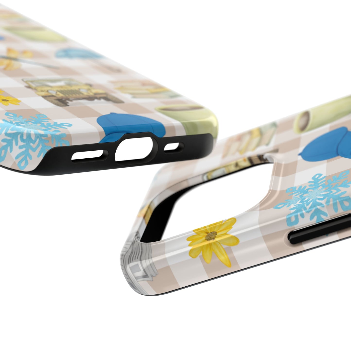 Floral Plaid Tough Phone Case — Coffee, Jeep & Cozy Icons Protective Cover