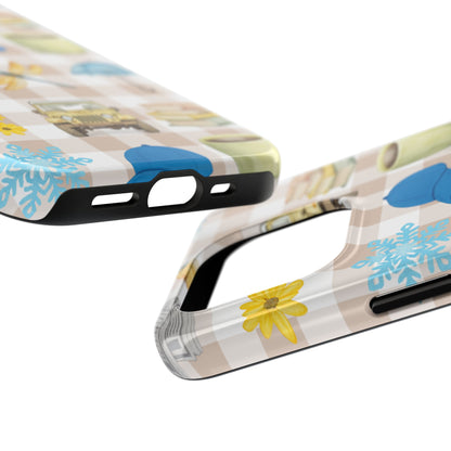 Floral Plaid Tough Phone Case — Coffee, Jeep & Cozy Icons Protective Cover