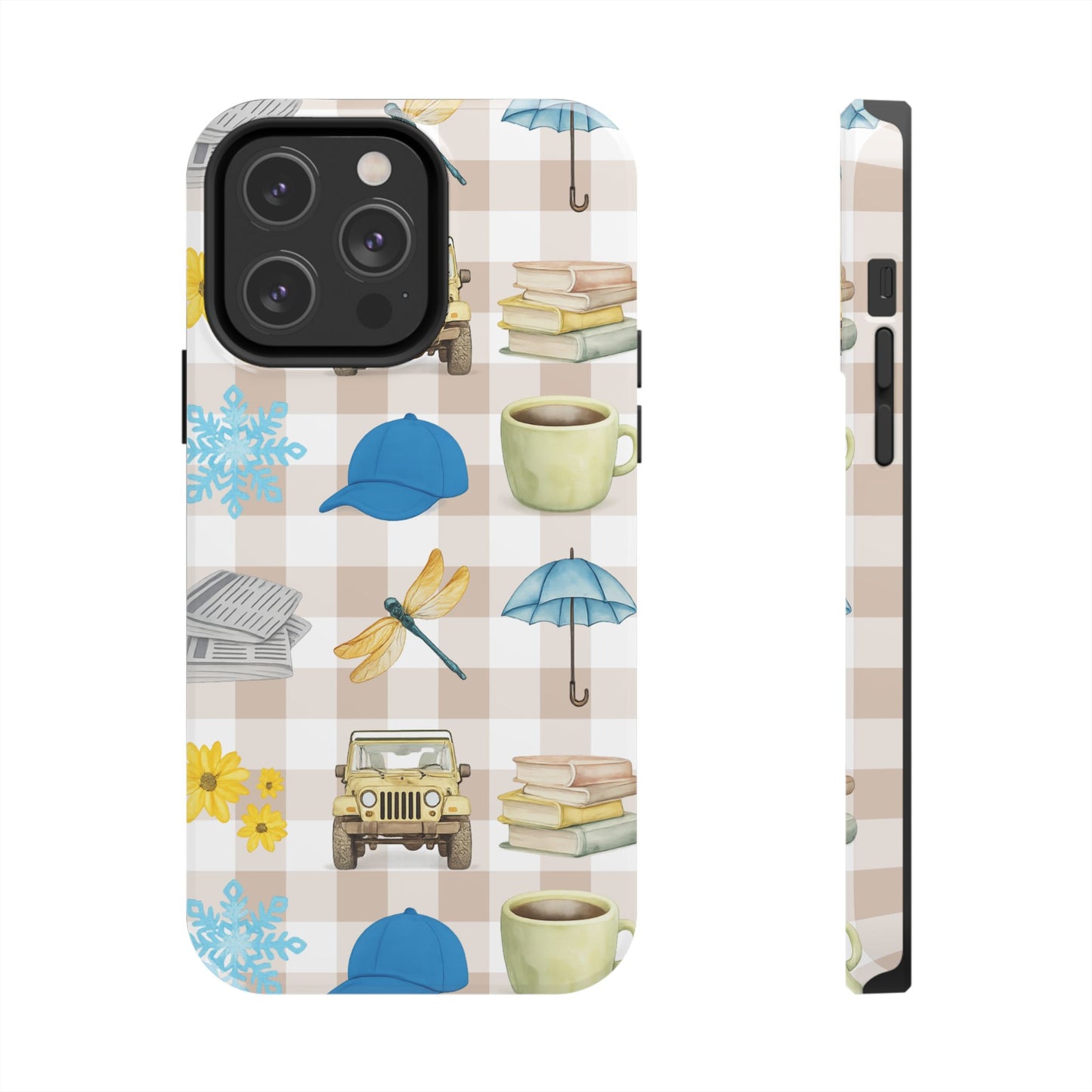 Floral Plaid Tough Phone Case — Coffee, Jeep & Cozy Icons Protective Cover