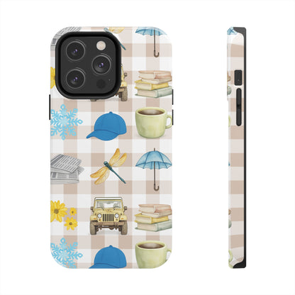 Floral Plaid Tough Phone Case — Coffee, Jeep & Cozy Icons Protective Cover