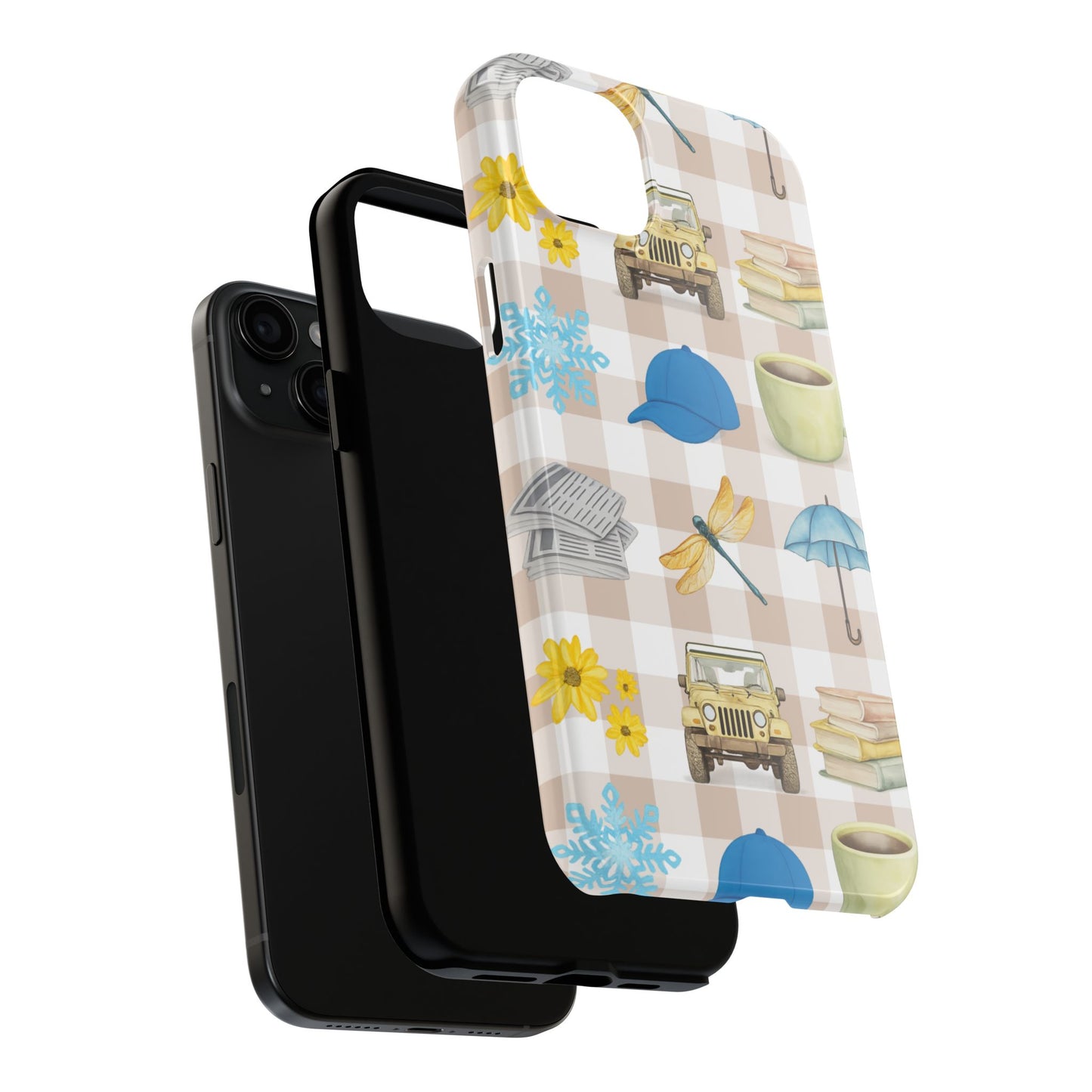 Floral Plaid Tough Phone Case — Coffee, Jeep & Cozy Icons Protective Cover