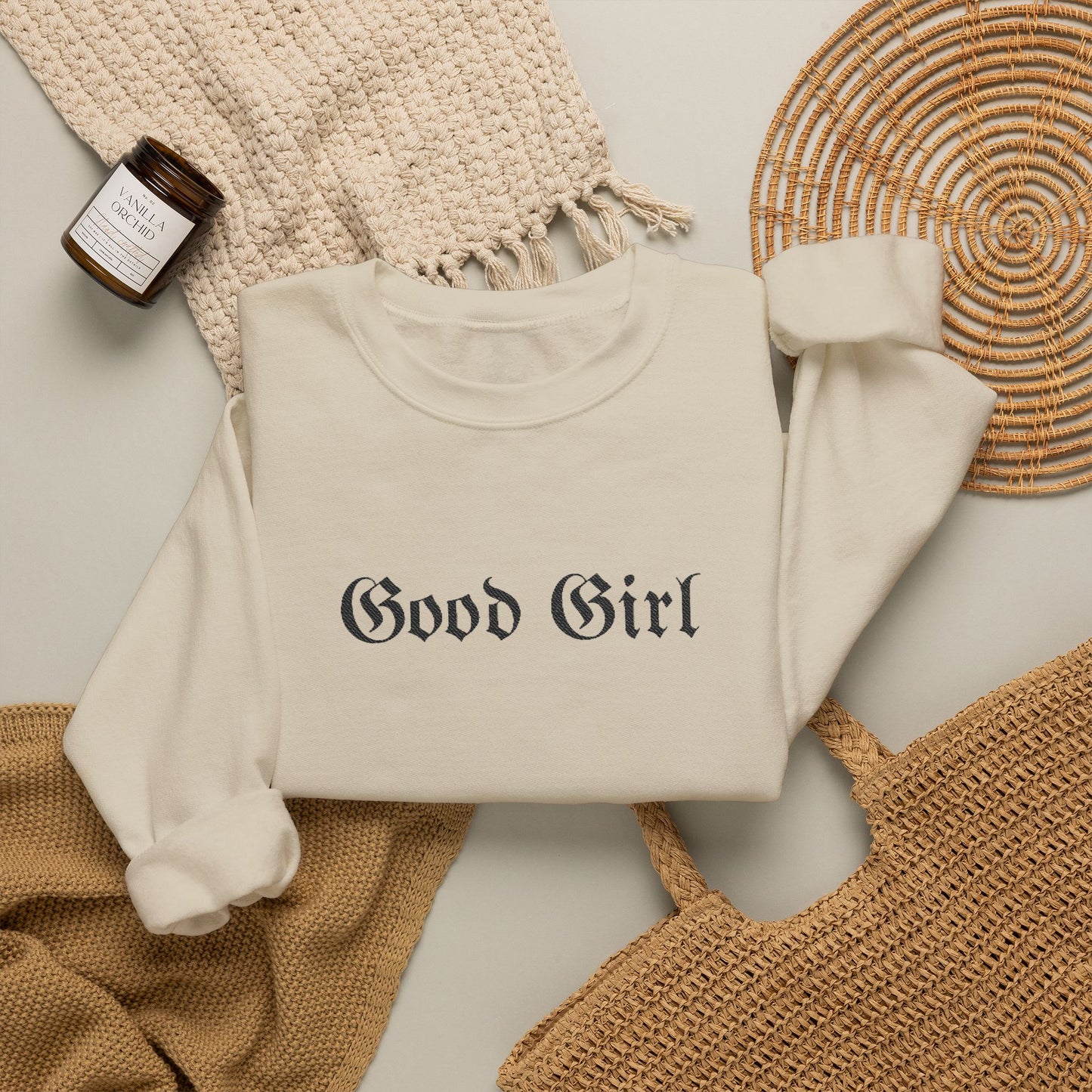 Good Girl Embroidered Crewneck Sweatshirt-Black Font