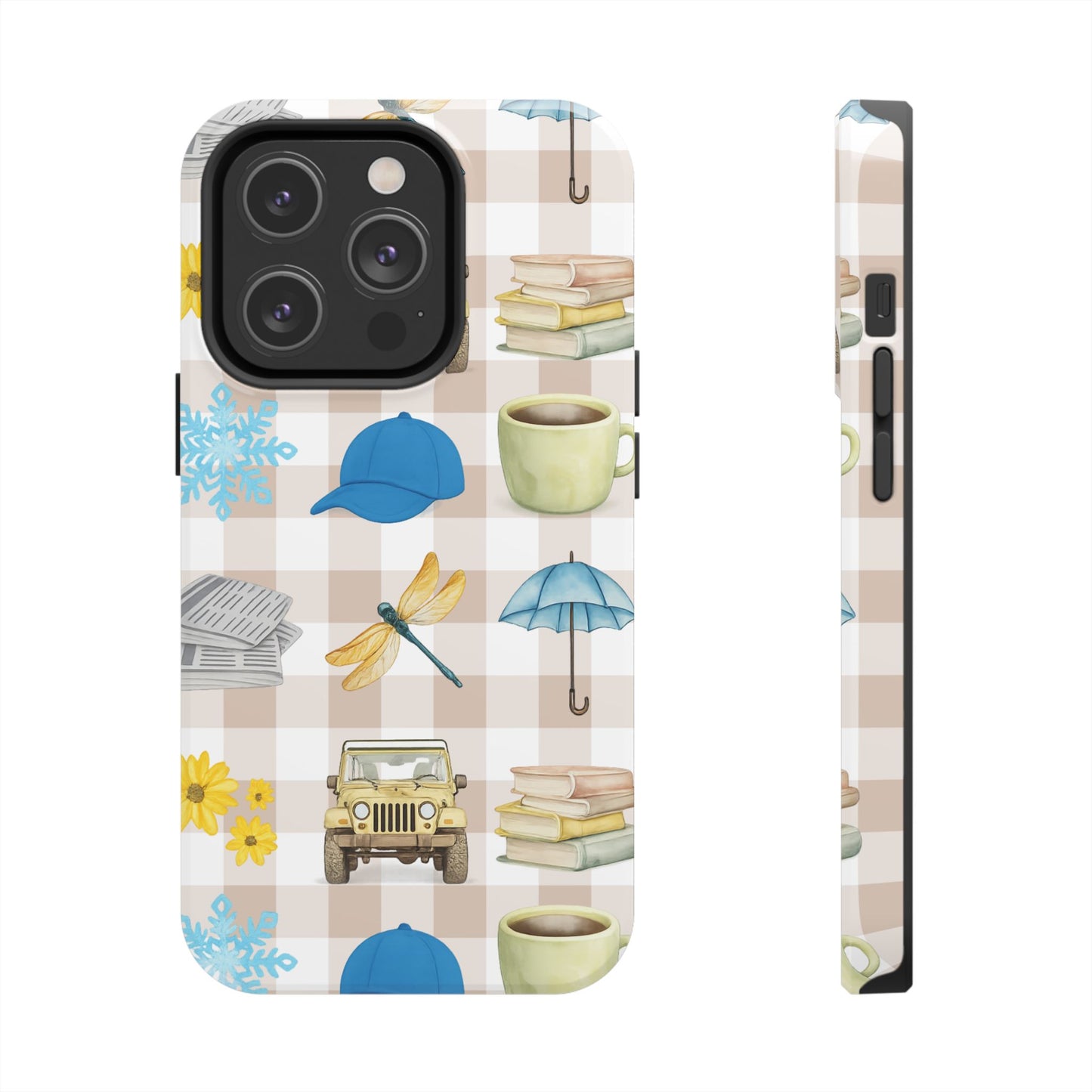 Floral Plaid Tough Phone Case — Coffee, Jeep & Cozy Icons Protective Cover