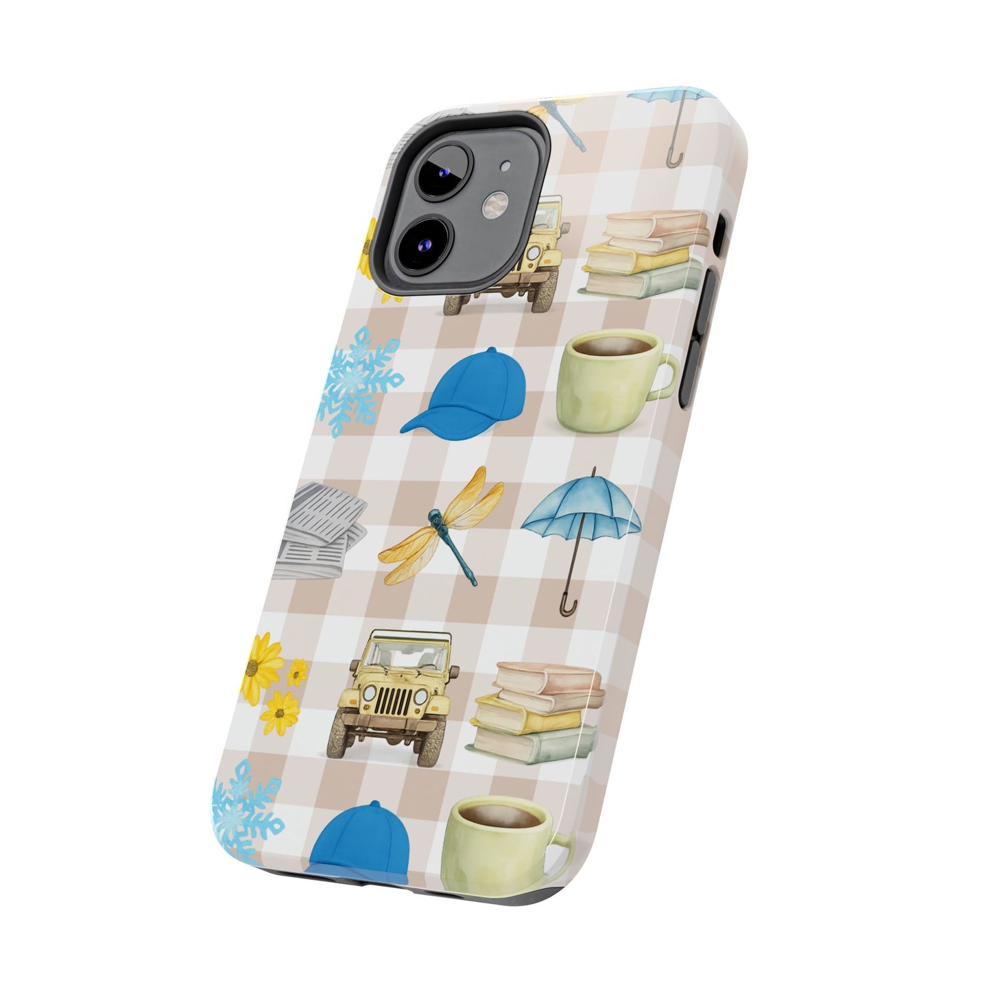 Floral Plaid Tough Phone Case — Coffee, Jeep & Cozy Icons Protective Cover