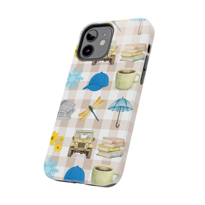 Floral Plaid Tough Phone Case — Coffee, Jeep & Cozy Icons Protective Cover
