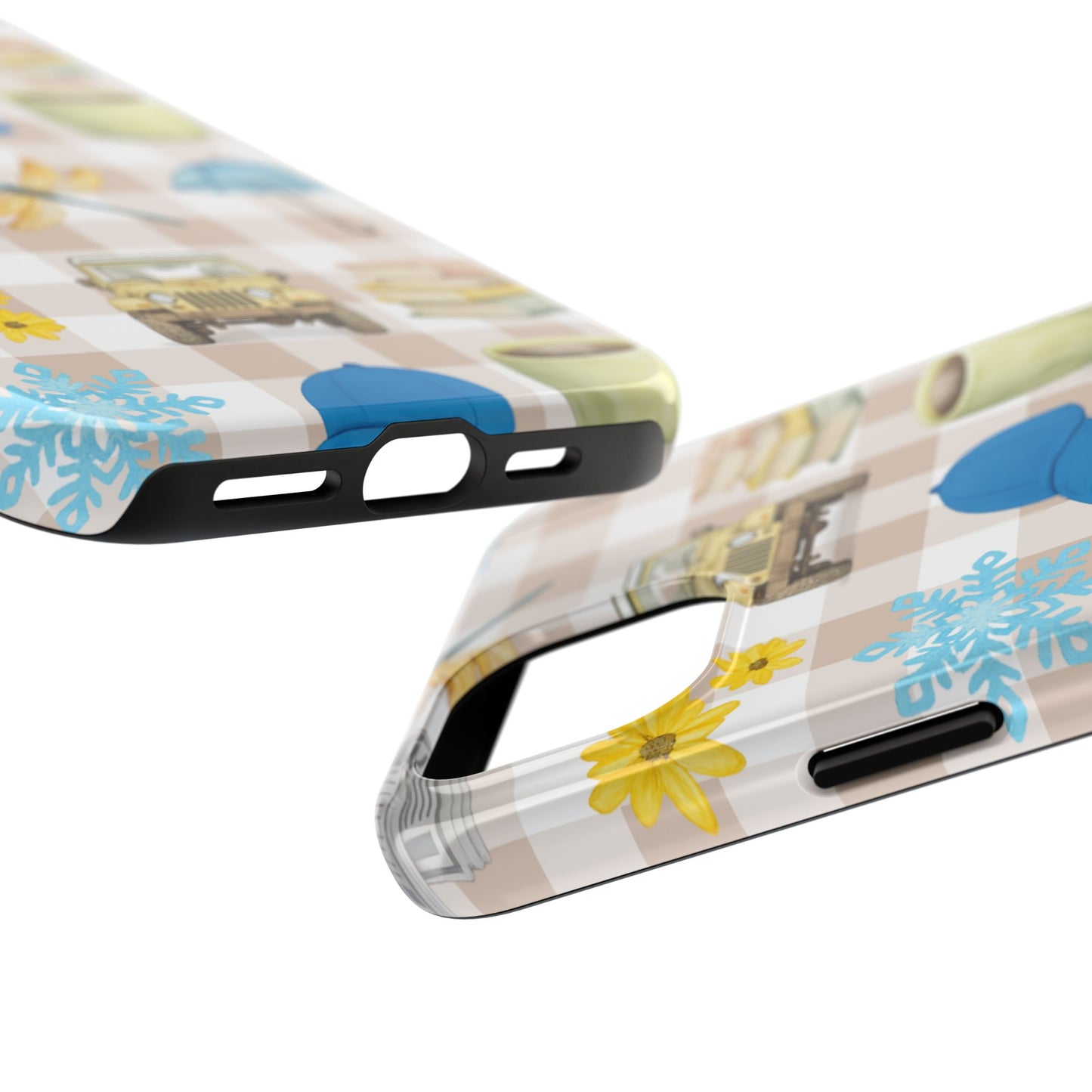 Floral Plaid Tough Phone Case — Coffee, Jeep & Cozy Icons Protective Cover